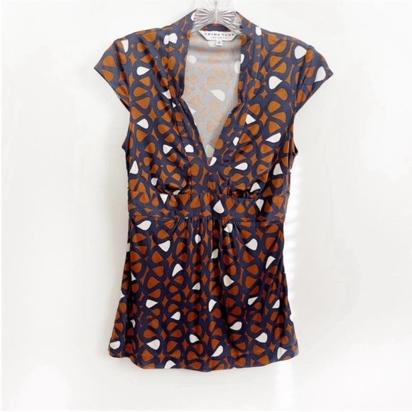 Trina Turk Tops - Trina Turk top orange navy blue mod retro empire waist zipper silk